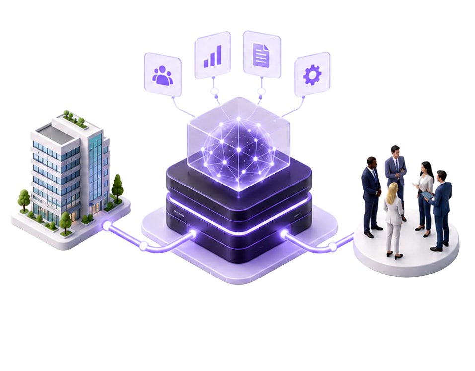Ilustração 3D: a empresa conectada ao núcleo inteligente da LUCI, que transforma dados em decisões financeiras